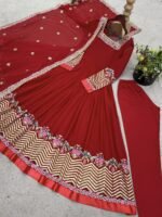 Elegant Embroidered Sequence Designer Anarkali Three Piece Set (Red) - Image 16