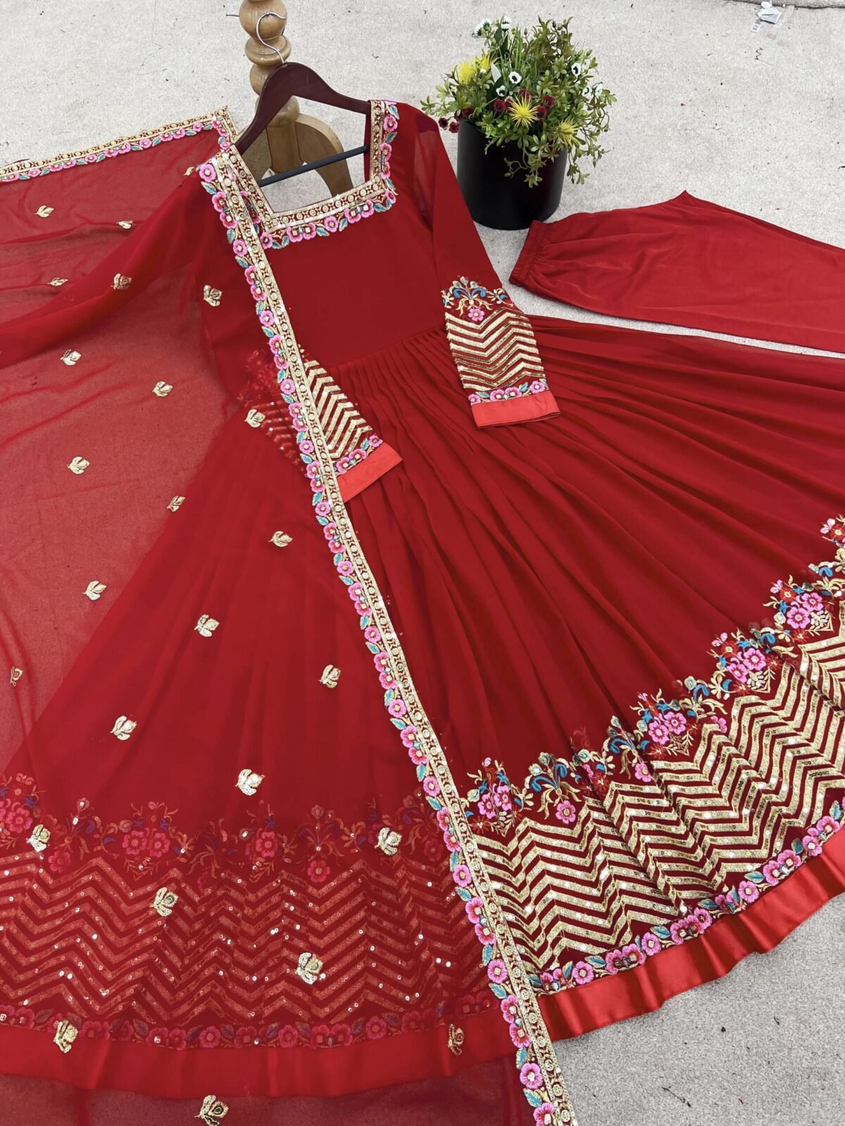 Elegant Embroidered Sequence Designer Anarkali Three Piece Set (Red) - Image 14