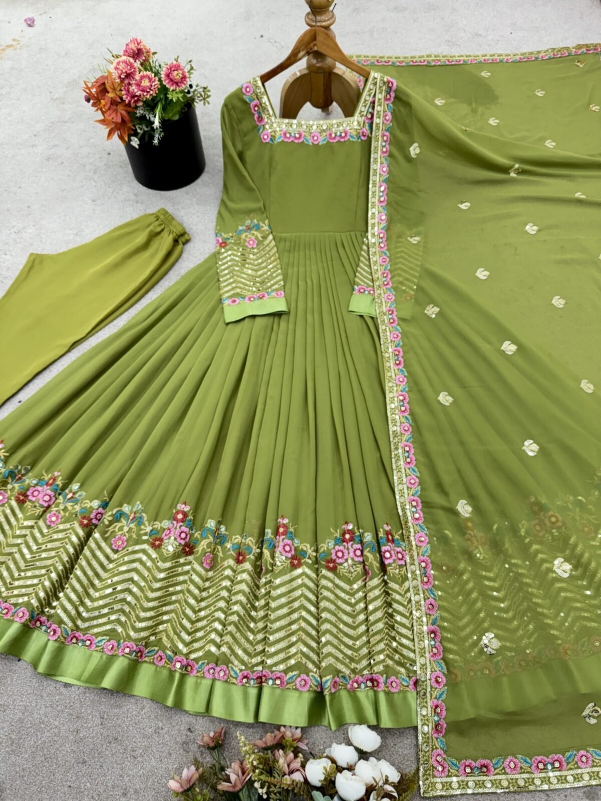 Elegant Embroidered Sequence Designer Anarkali Three Piece Set (Green) - Image 8