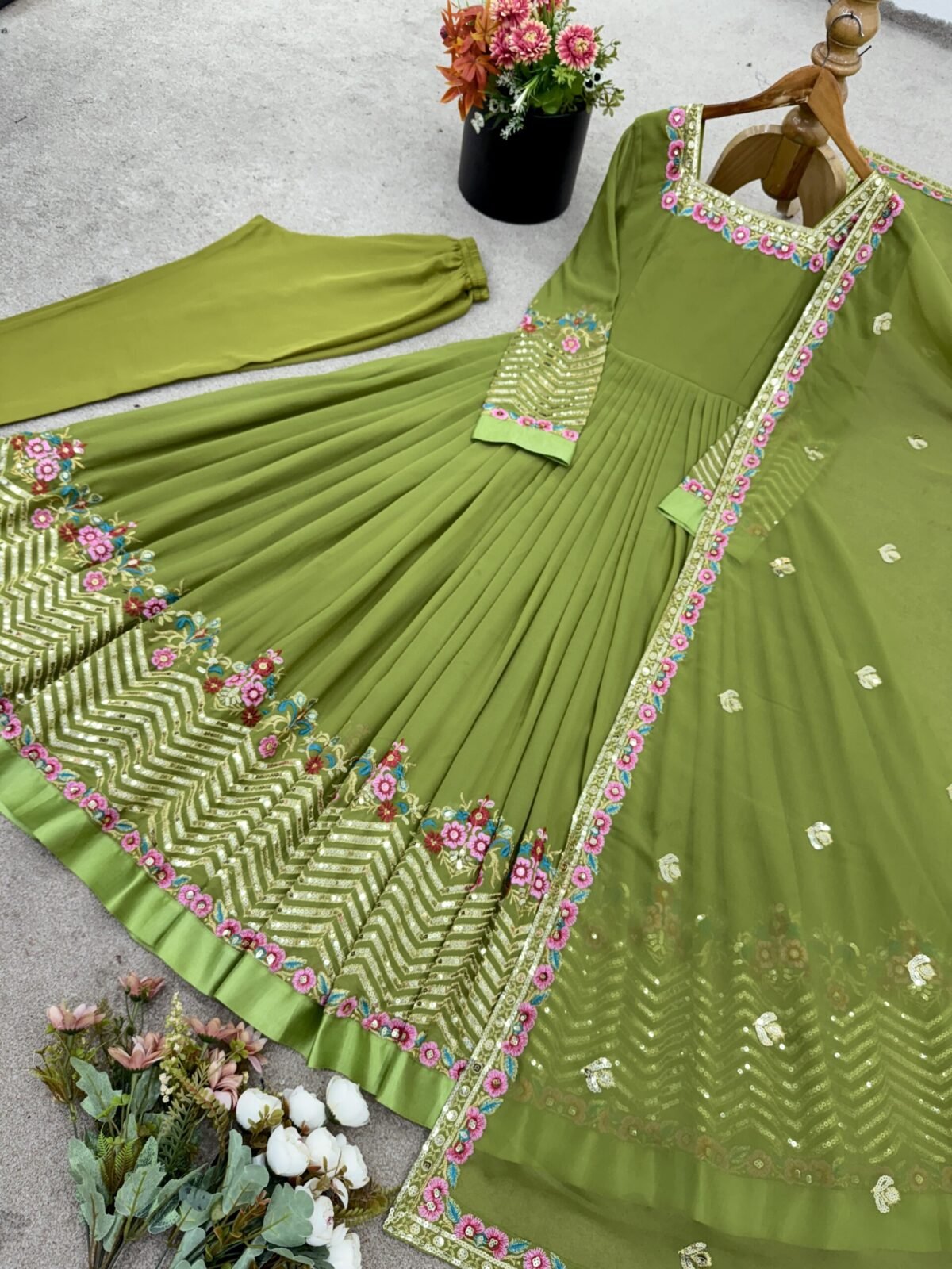 Elegant Embroidered Sequence Designer Anarkali Three Piece Set (Green) - Image 10