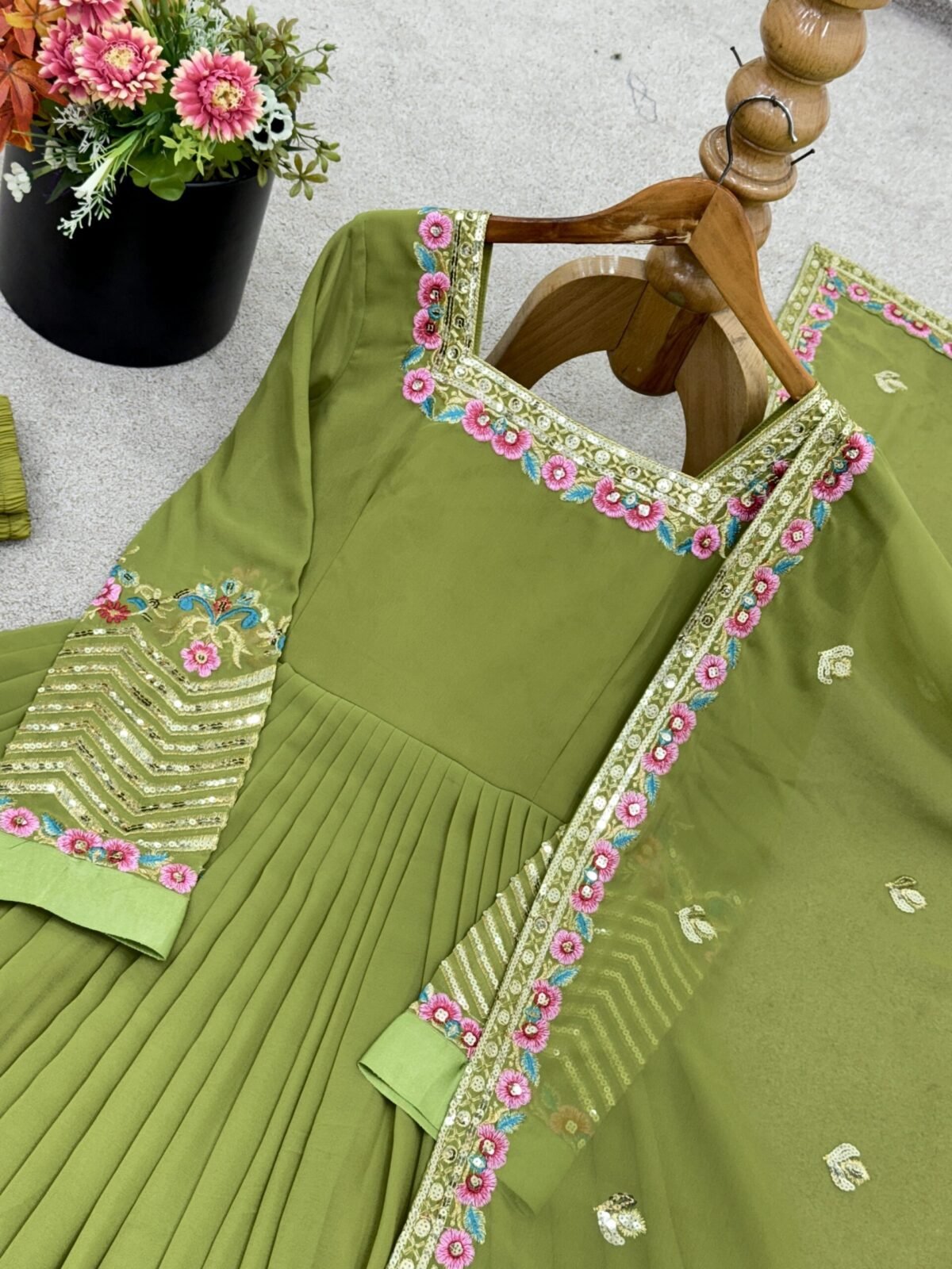 Elegant Embroidered Sequence Designer Anarkali Three Piece Set (Green) - Image 11