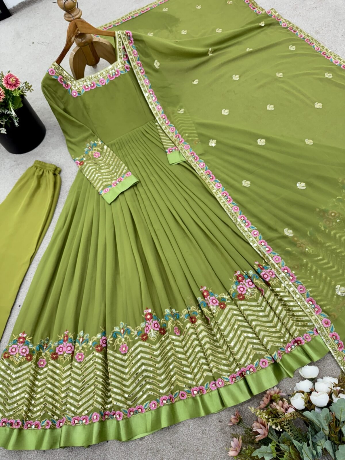 Elegant Embroidered Sequence Designer Anarkali Three Piece Set (Green) - Image 9