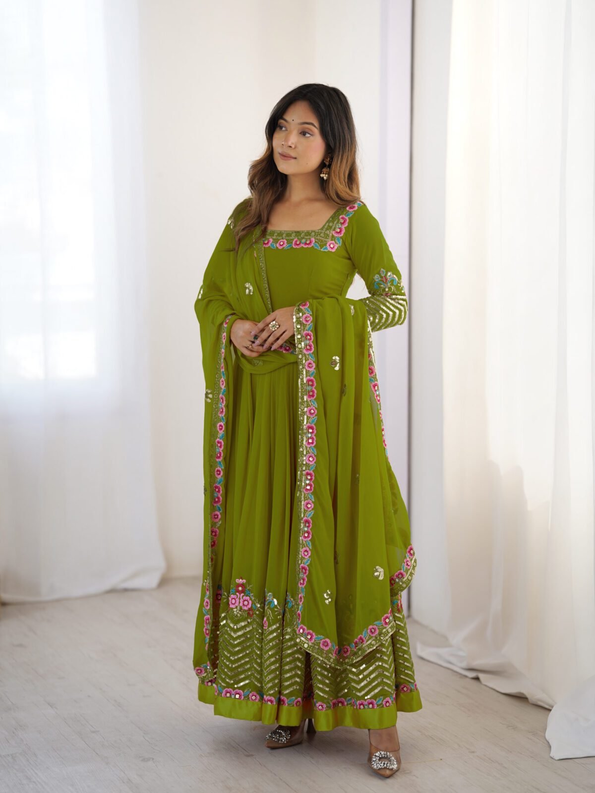 Elegant Embroidered Sequence Designer Anarkali Three Piece Set (Green) - Image 4