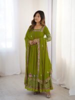 Elegant Embroidered Sequence Designer Anarkali Three Piece Set (Green) - Image 4