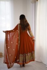 Elegant Embroidered Sequence Designer Anarkali Three Piece Set (Dual Orange) - Image 4