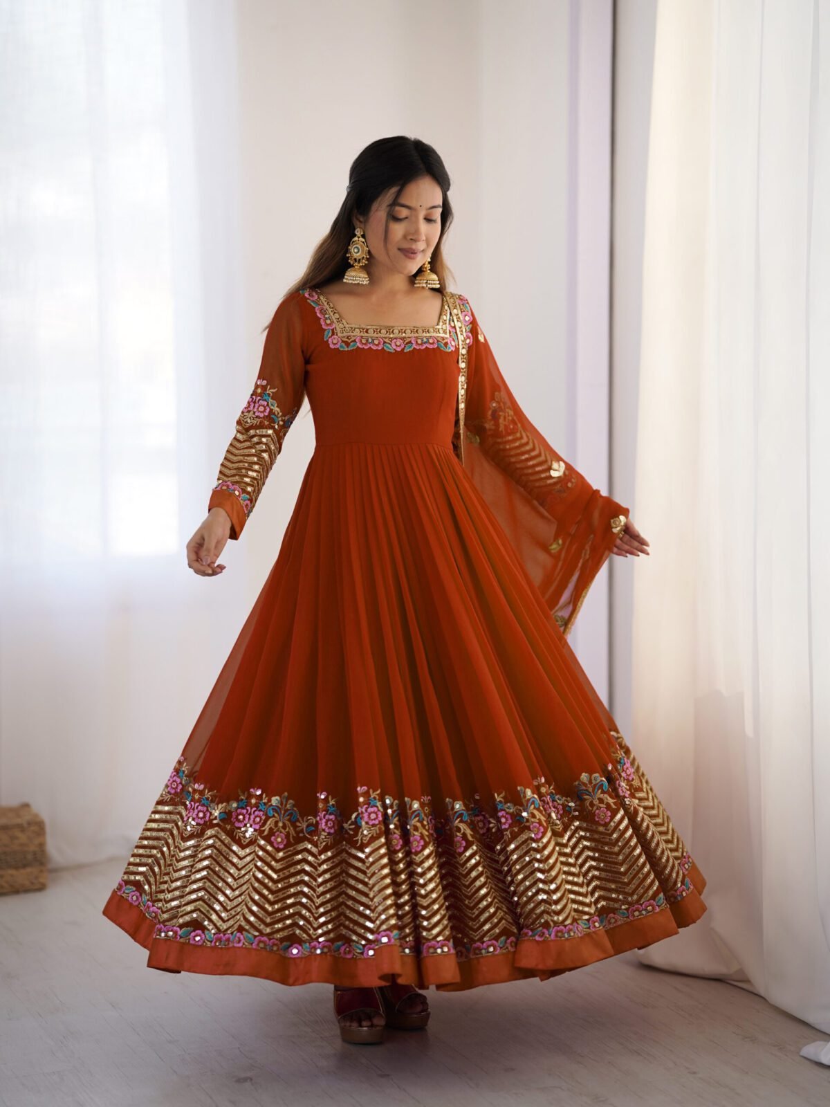 Elegant Embroidered Sequence Designer Anarkali Three Piece Set (Dual Orange) - Image 5