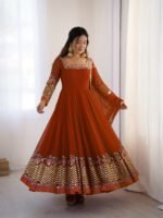 Elegant Embroidered Sequence Designer Anarkali Three Piece Set (Dual Orange) - Image 5