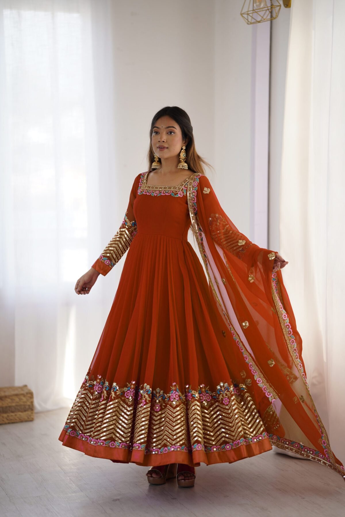 Elegant Embroidered Sequence Designer Anarkali Three Piece Set (Dual Orange) - Image 7