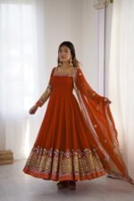 Elegant Embroidered Sequence Designer Anarkali Three Piece Set (Dual Orange) - Image 7