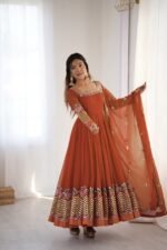 Elegant Embroidered Sequence Designer Anarkali Three Piece Set (Dual Orange) - Image 6