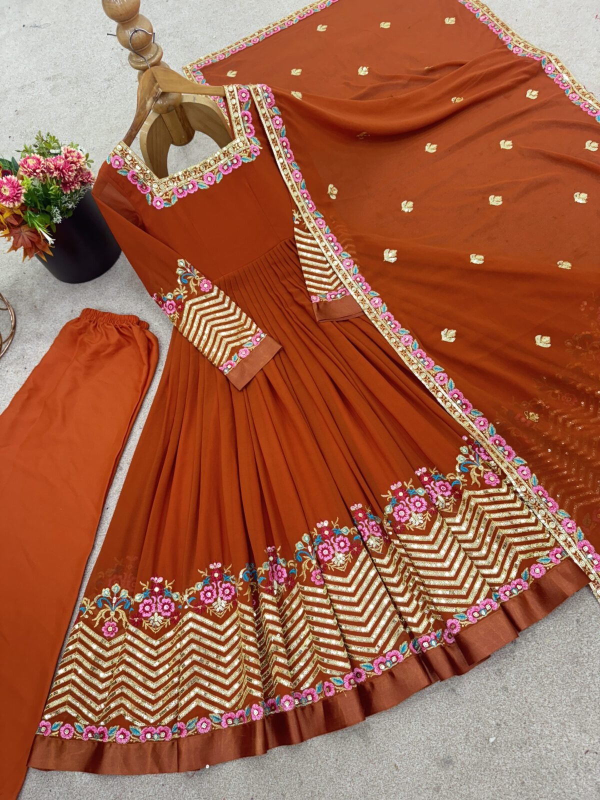 Elegant Embroidered Sequence Designer Anarkali Three Piece Set (Dual Orange) - Image 11