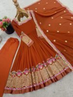 Elegant Embroidered Sequence Designer Anarkali Three Piece Set (Dual Orange) - Image 11