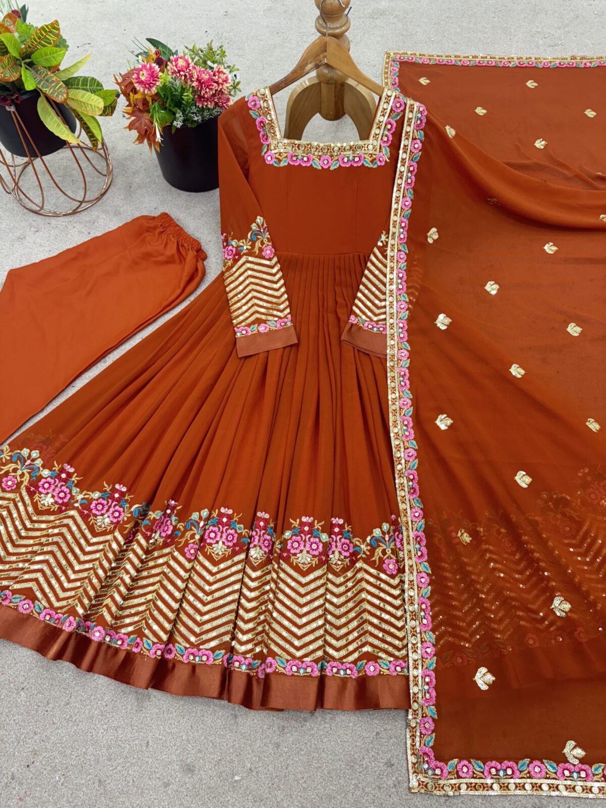 Elegant Embroidered Sequence Designer Anarkali Three Piece Set (Dual Orange) - Image 9