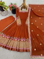 Elegant Embroidered Sequence Designer Anarkali Three Piece Set (Dual Orange) - Image 9