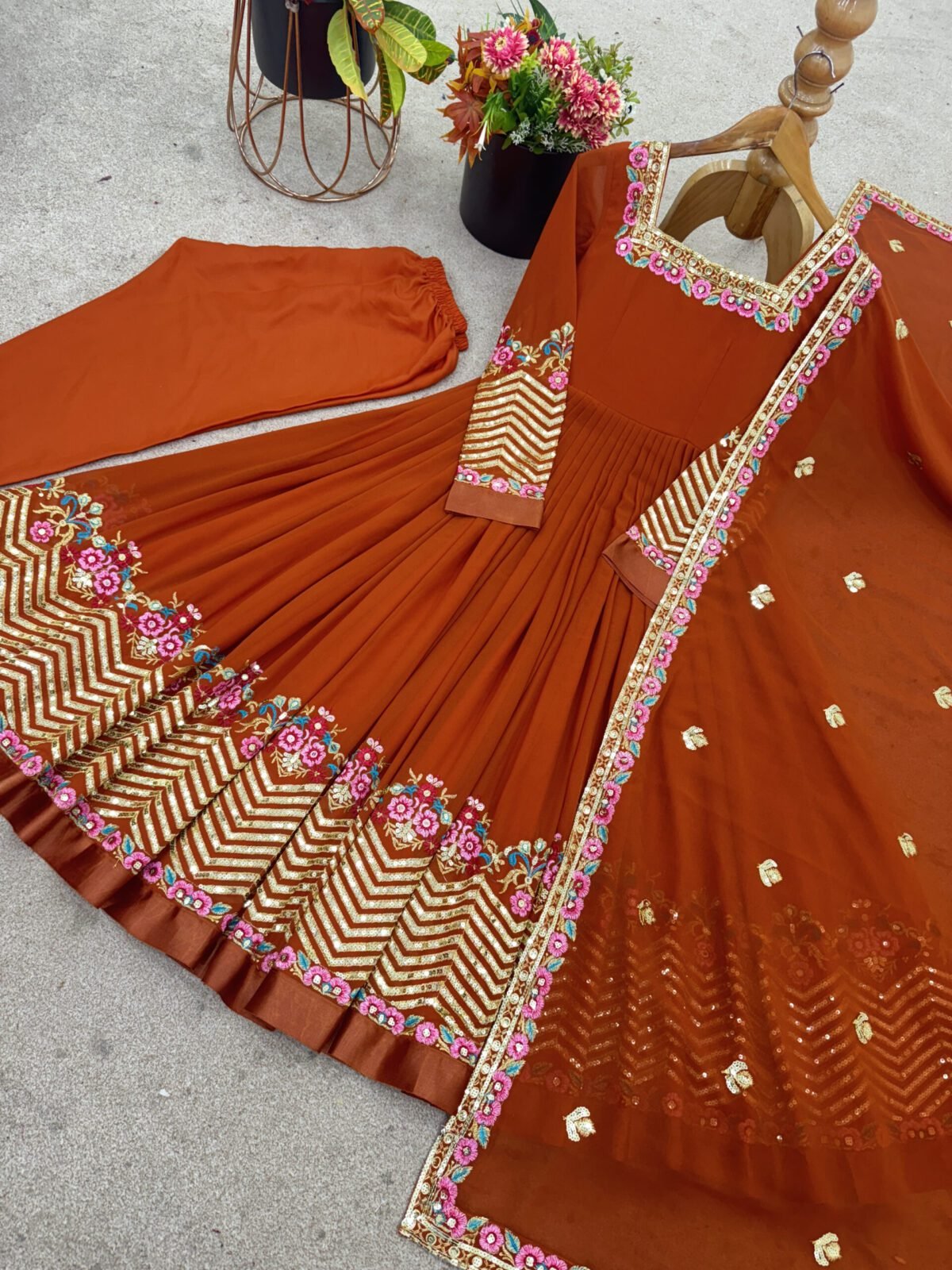 Elegant Embroidered Sequence Designer Anarkali Three Piece Set (Dual Orange) - Image 10