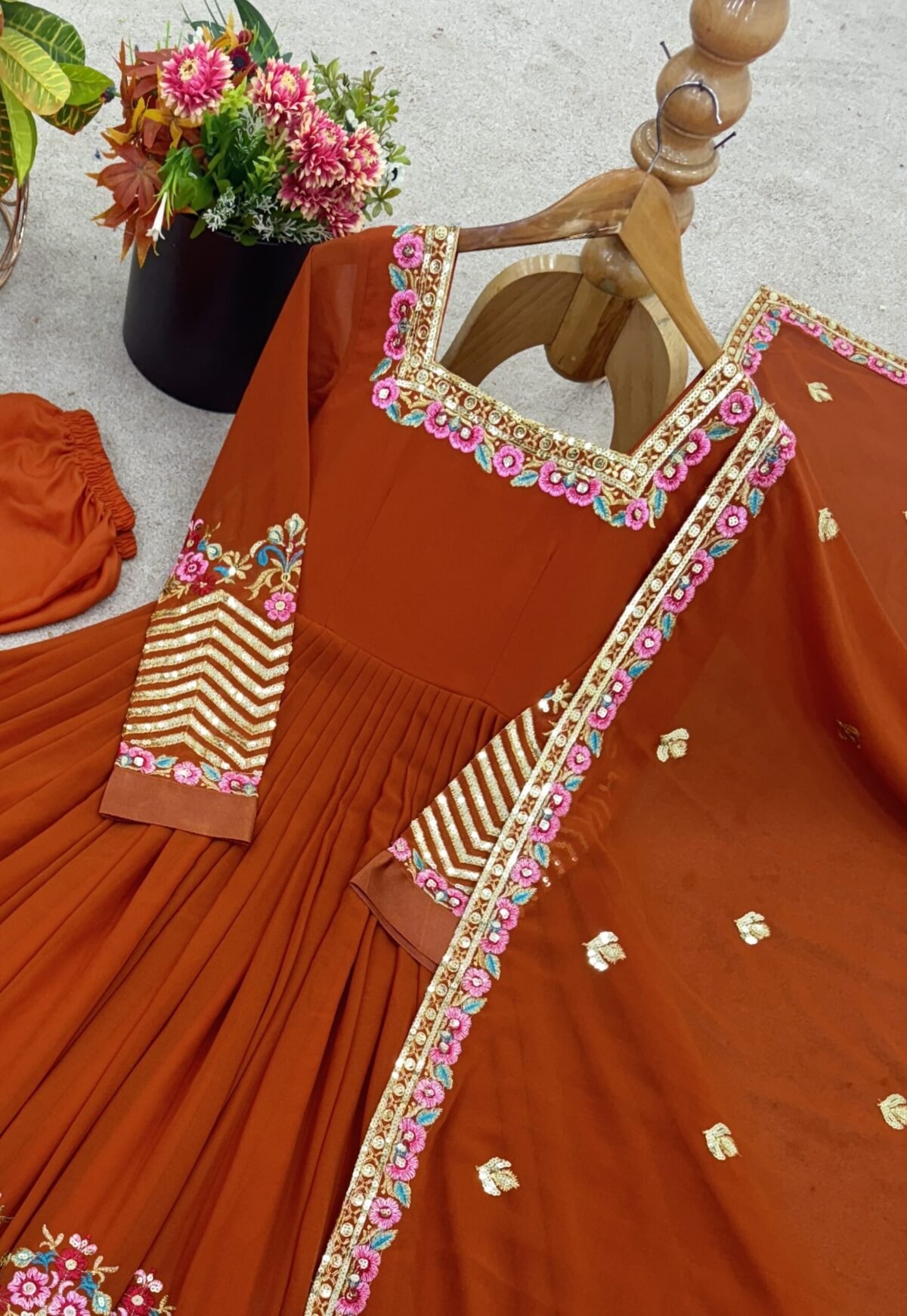 Elegant Embroidered Sequence Designer Anarkali Three Piece Set (Dual Orange) - Image 12