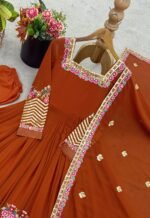Elegant Embroidered Sequence Designer Anarkali Three Piece Set (Dual Orange) - Image 12