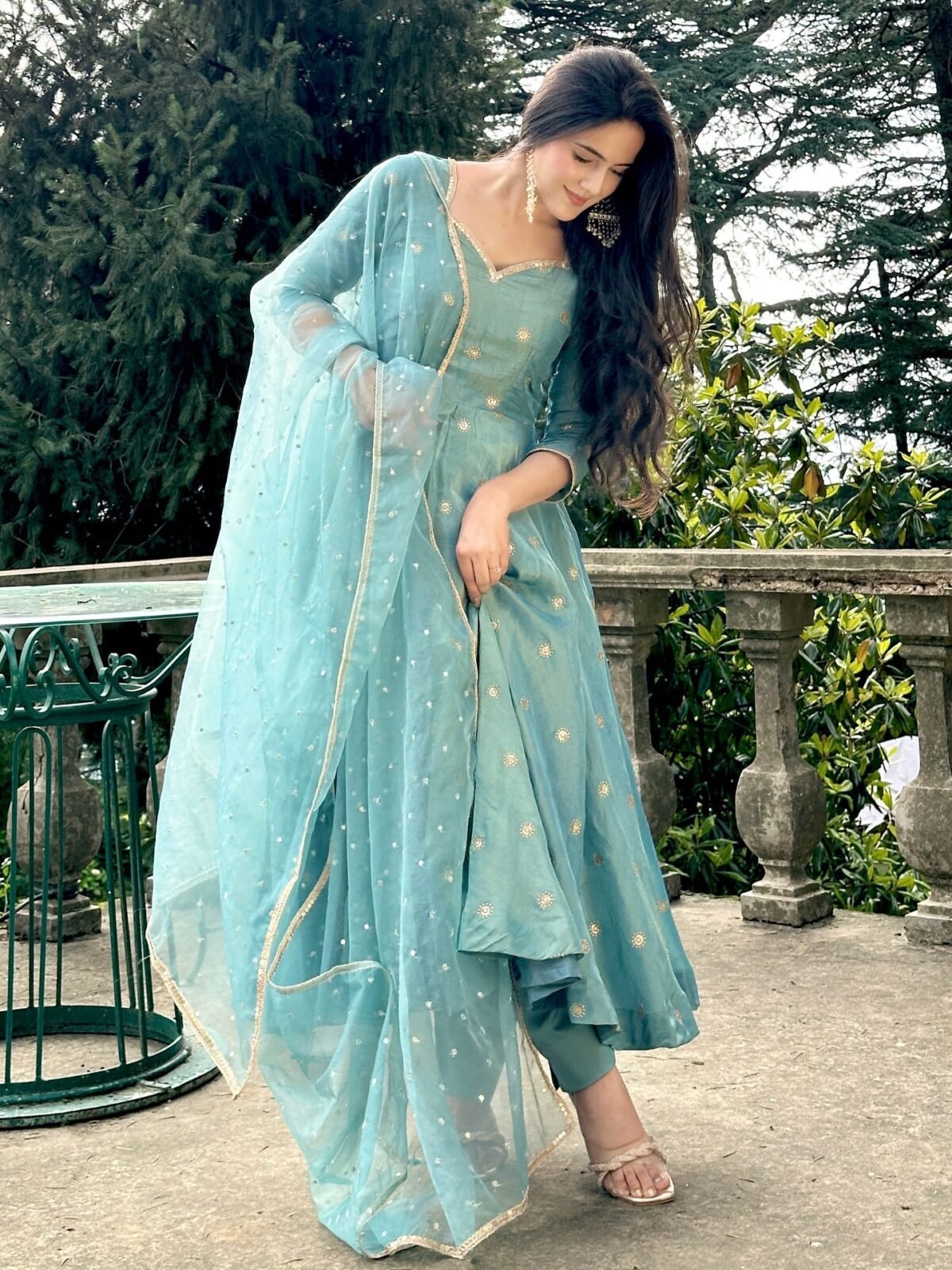 Elegant Vichitra Silk Gown Set for Women (Sky Blue) - Image 12