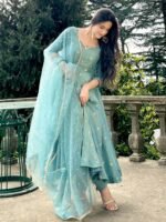 Elegant Vichitra Silk Gown Set for Women (Sky Blue) - Image 12