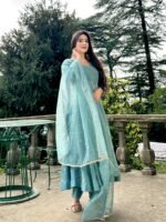 Elegant Vichitra Silk Gown Set for Women (Sky Blue)
