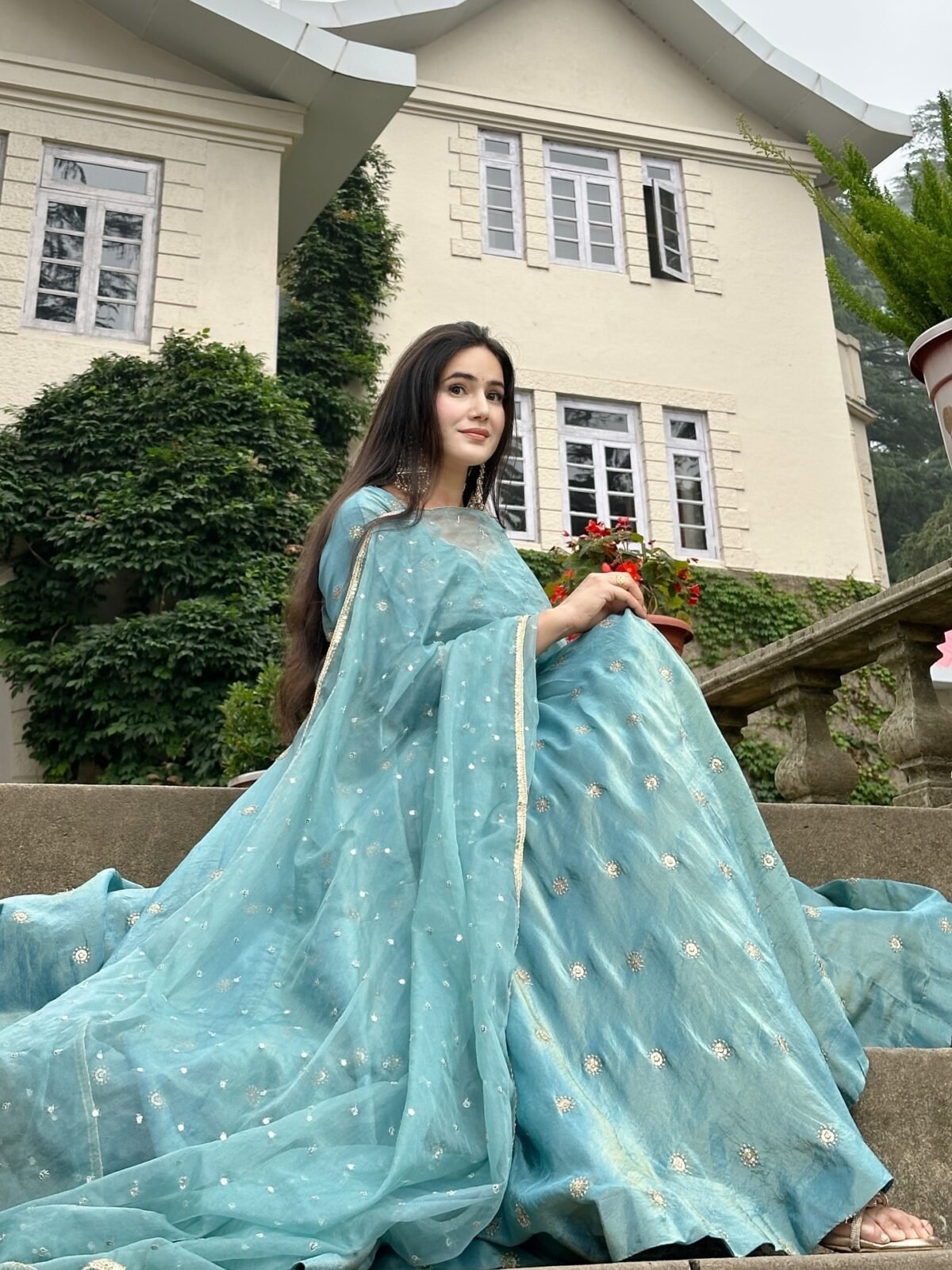 Elegant Vichitra Silk Gown Set for Women (Sky Blue) - Image 11