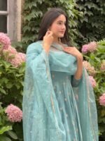 Elegant Vichitra Silk Gown Set for Women (Sky Blue) - Image 8