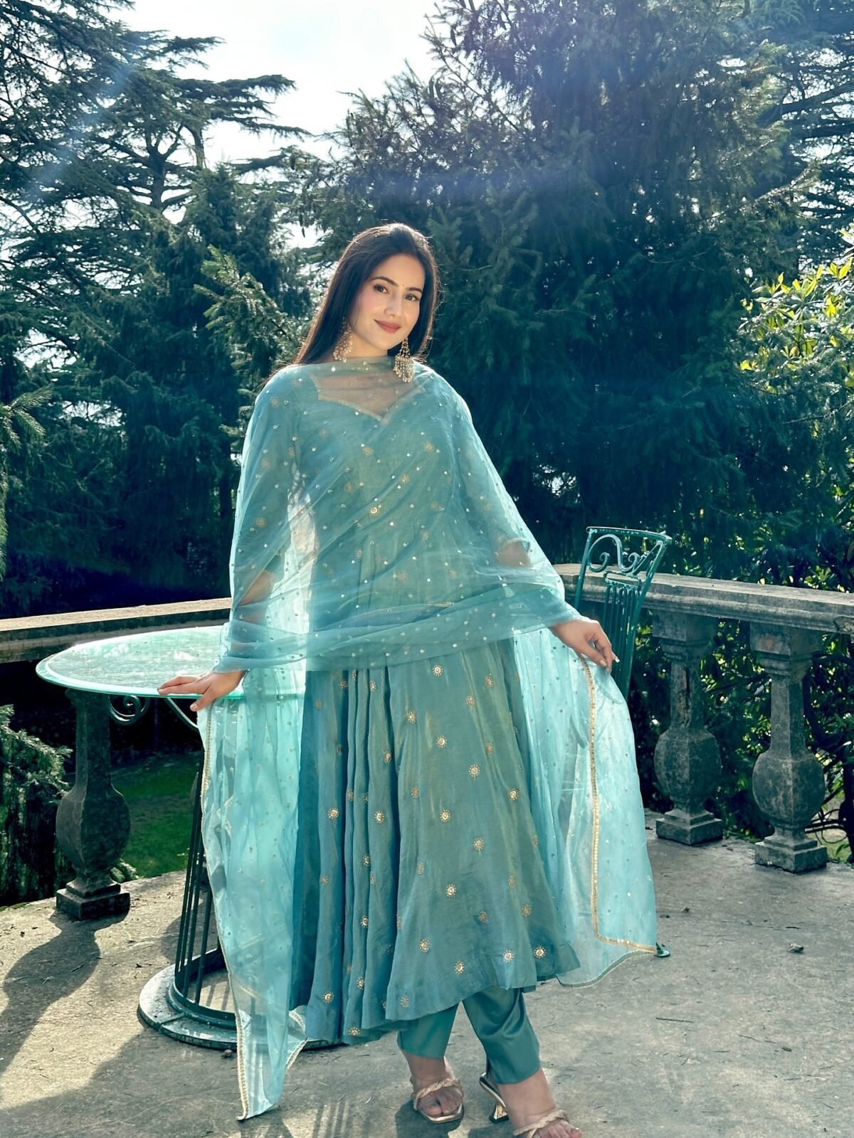 Elegant Vichitra Silk Gown Set for Women (Sky Blue) - Image 9