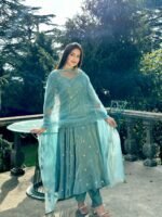 Elegant Vichitra Silk Gown Set for Women (Sky Blue) - Image 9