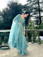 Elegant Vichitra Silk Gown Set for Women (Sky Blue) - Image 5