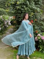 Elegant Vichitra Silk Gown Set for Women (Sky Blue) - Image 7