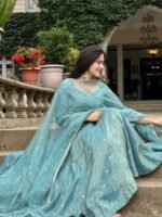 Elegant Vichitra Silk Gown Set for Women (Sky Blue) - Image 6