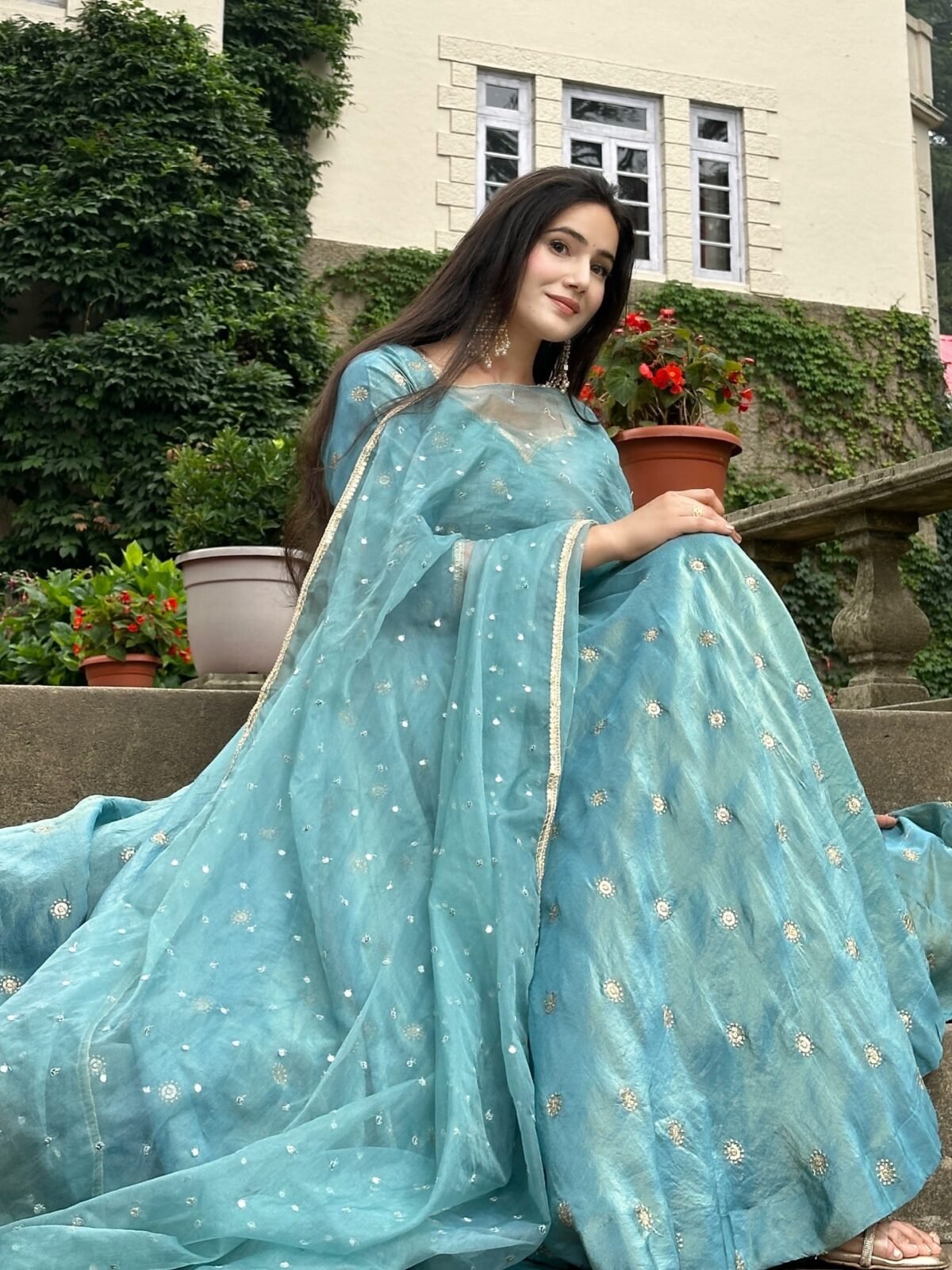 Elegant Vichitra Silk Gown Set for Women (Sky Blue) - Image 3