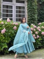 Elegant Vichitra Silk Gown Set for Women (Sky Blue) - Image 2