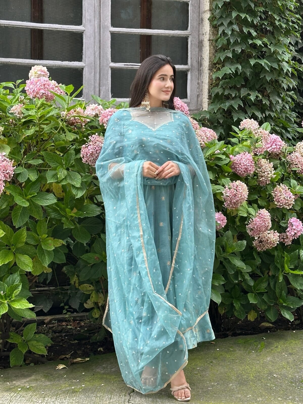 Elegant Vichitra Silk Gown Set for Women (Sky Blue) - Image 4