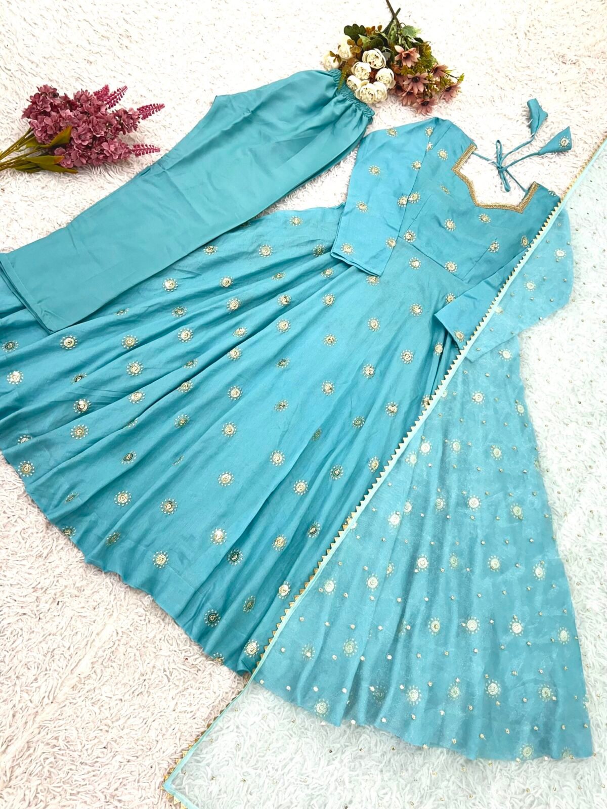 Elegant Vichitra Silk Gown Set for Women (Sky Blue) - Image 13