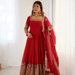 Elegant Embroidered Sequence Designer Anarkali Three Piece Set (Red)