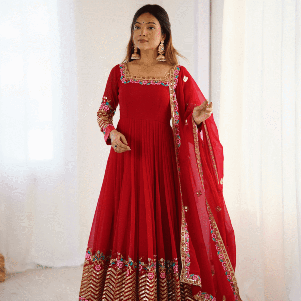 Elegant Embroidered Sequence Designer Anarkali Three Piece Set (Red)