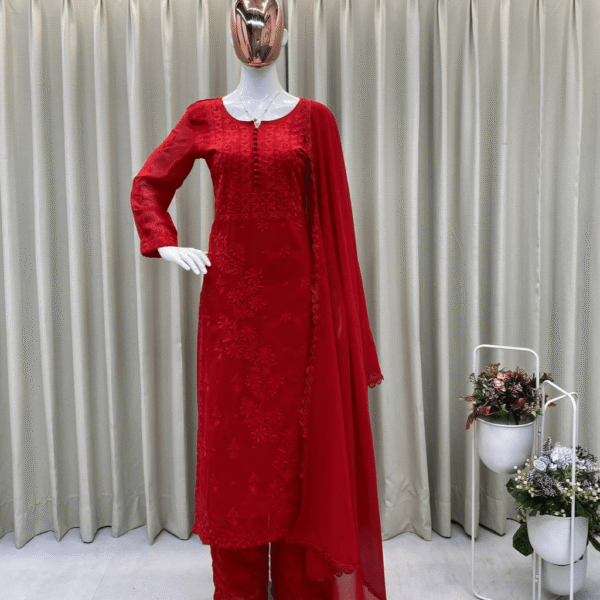 DESIGNER WEAR – EXCLUSIVE GEORGETTE EMBROIDERY SUIT WITH DUPATTA (Red)
