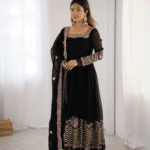 Elegant Embroidered Sequence Designer Anarkali Three Piece Set (Black)