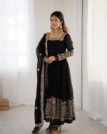 Elegant Embroidered Sequence Designer Anarkali Three Piece Set (Black)