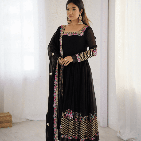 Elegant Embroidered Sequence Designer Anarkali Three Piece Set (Black)