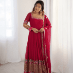 Elegant Embroidered Sequence Designer Anarkali Three Piece Set (Rani Pink)