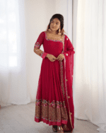 Elegant Embroidered Sequence Designer Anarkali Three Piece Set (Rani Pink)