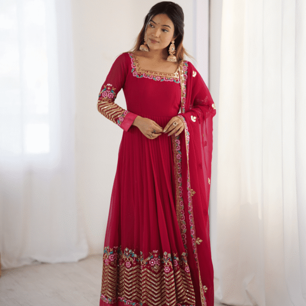 Elegant Embroidered Sequence Designer Anarkali Three Piece Set (Rani Pink)