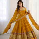 Elegant Embroidered Sequence Designer Anarkali Three Piece Set (Mustard)
