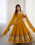 Elegant Embroidered Sequence Designer Anarkali Three Piece Set (Mustard)