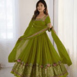 Elegant Embroidered Sequence Designer Anarkali Three Piece Set (Green)