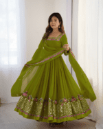Elegant Embroidered Sequence Designer Anarkali Three Piece Set (Green)
