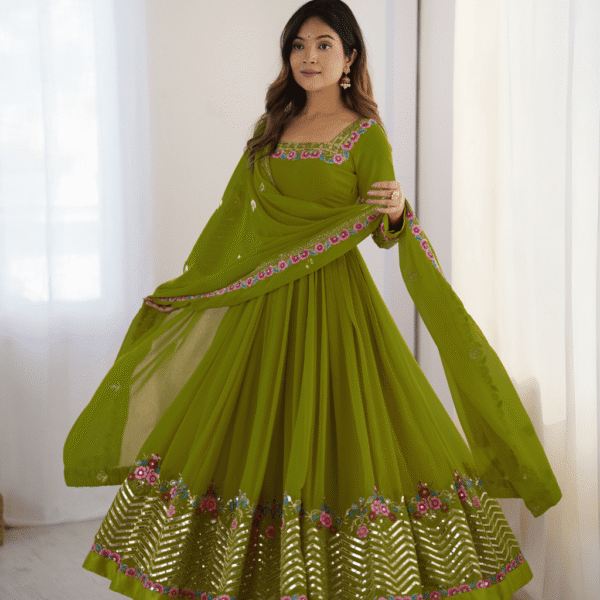 Elegant Embroidered Sequence Designer Anarkali Three Piece Set (Green)