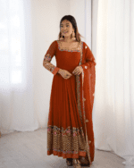 Elegant Embroidered Sequence Designer Anarkali Three Piece Set (Dual Orange)
